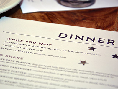 Sample printed disposable menu at a restaurant